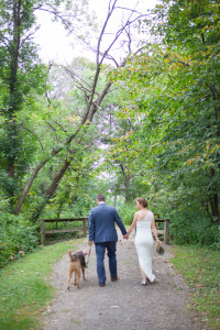 Bride groom dog walk path