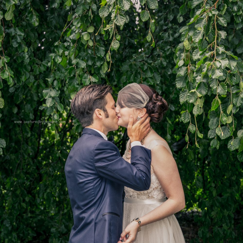 Morton Arboretum Wedding, Bride and groom kiss