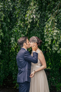 Morton Arboretum Wedding, Bride and groom kiss